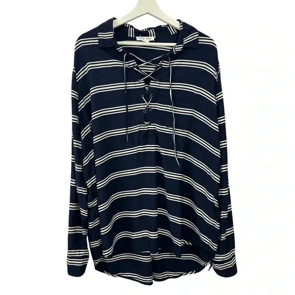 Beachlunchlounge Women’s Blue White Striped Long Sleeve Top Size XL